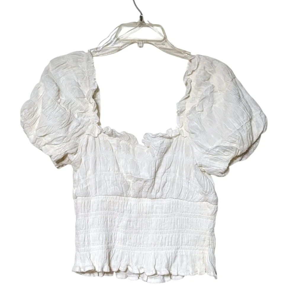 Astr The Label Anza White Puff Sleeve Smocked Milkmaid Peasant Top Large NWOT